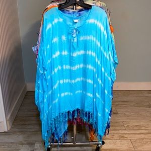 NWT Aqua Blue Tie Dye coverup with fringe